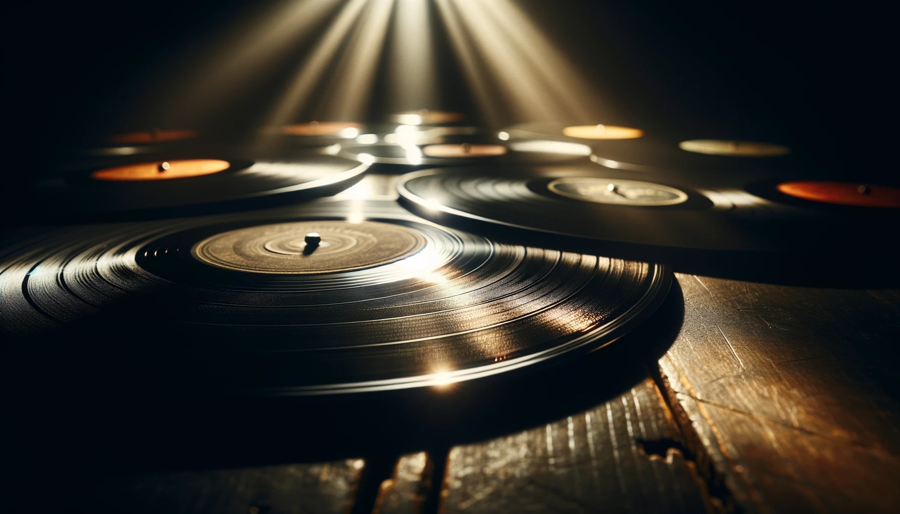 DALL·E 2024 01 31 120247 Vinyl records illuminated by the glow of spotlights casting soft shadows around showcasing the texture of the grooves and reflecting the light subt 1792x1024x