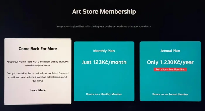 Samsung Art Store membership členství cena price 2244x1220x